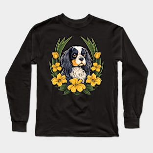 King Charles Spaniel with daffodils illustration Long Sleeve T-Shirt